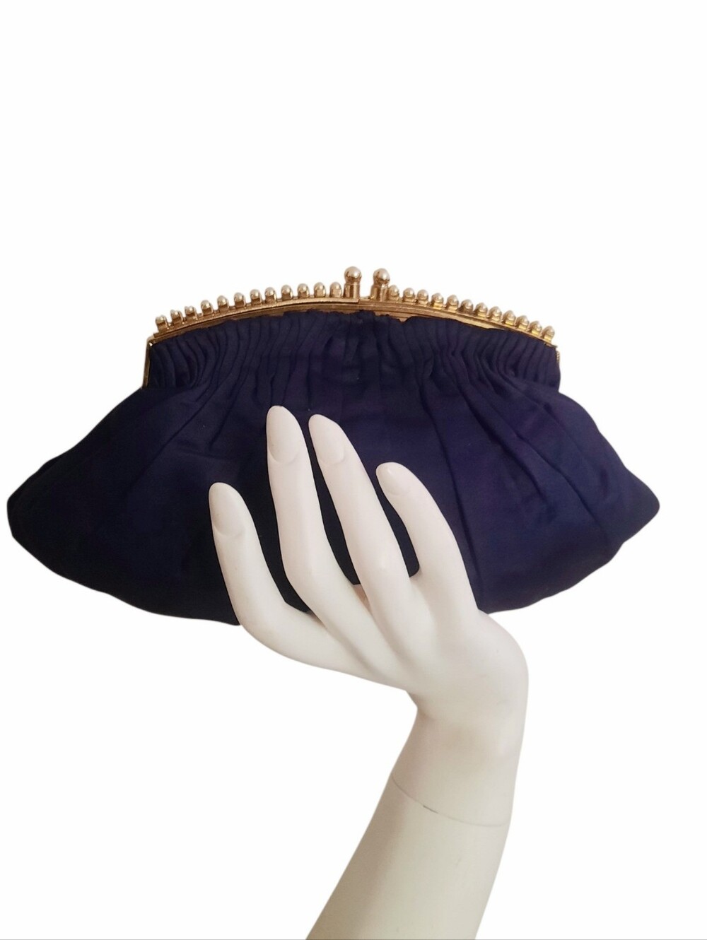 Vintage SAKS FIFTH AVENUE Navy Blue Satin Ruched Clutch w/Pearl Inlay Gold Frame